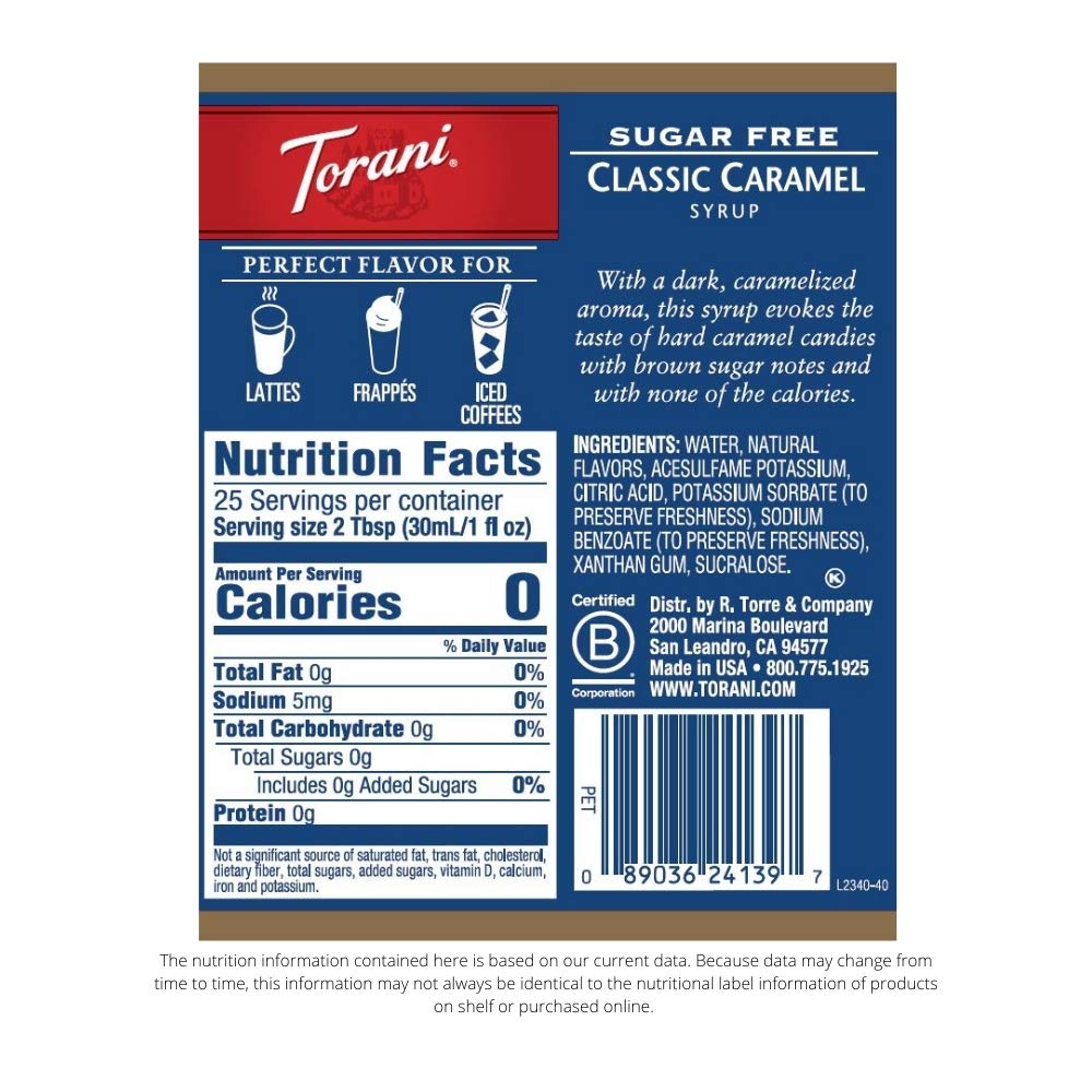 Torani Sugar Free Syrup, Classic Caramel — 25.4 oz | Pack of 4 | Zero Calorie Flavor for Coffee, Tea, and More