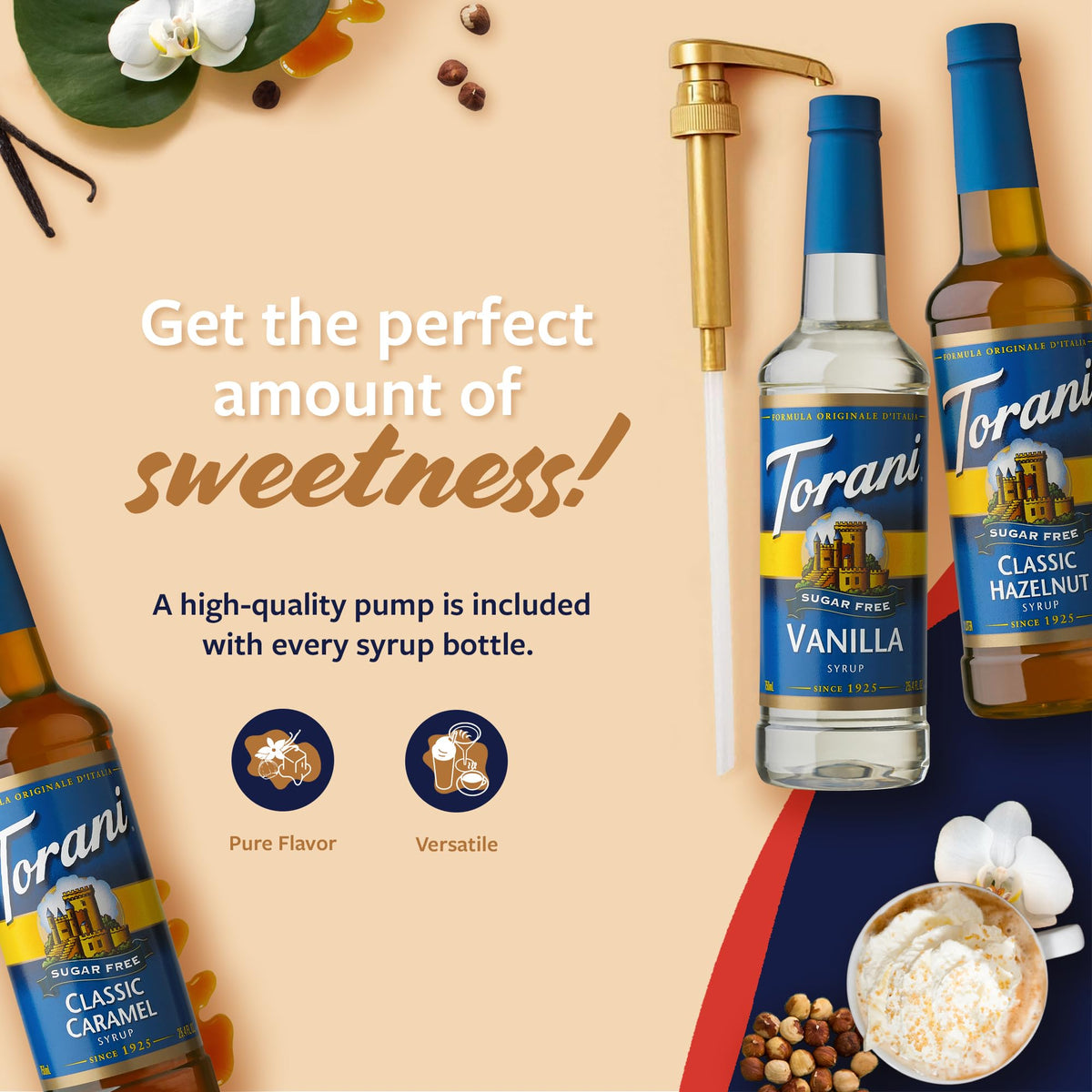 Torani Sugar Free Syrup 3-Pack: Vanilla, Caramel & Hazelnut with Pumps — Zero Calories