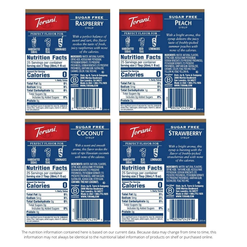 Torani Sugar Free Syrup Variety Pack Raspberry Coconut Strawberry Peach (25.4 fl oz, Set of 4)