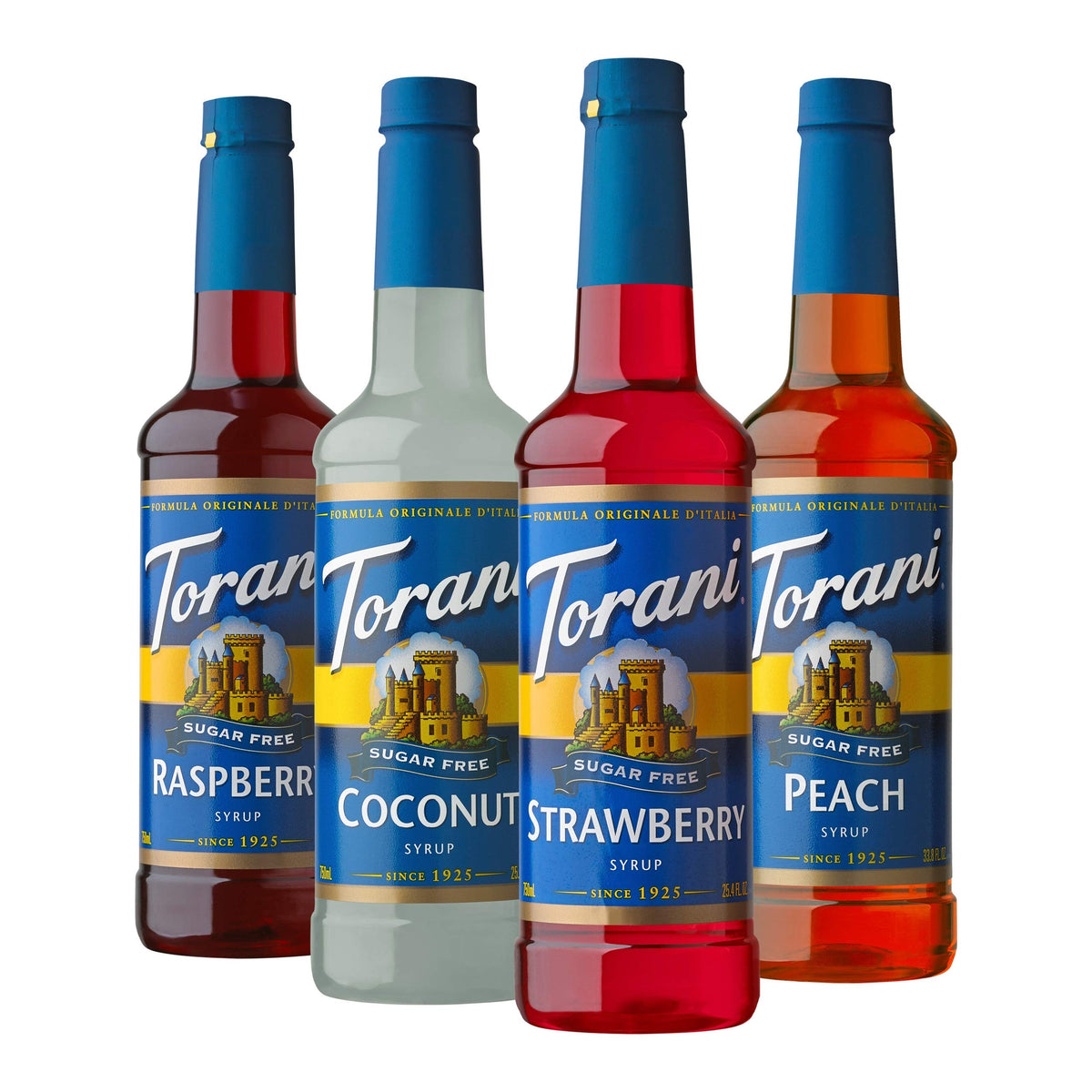 Torani Sugar Free Syrup Variety Pack Raspberry Coconut Strawberry Peach (25.4 fl oz, Set of 4)