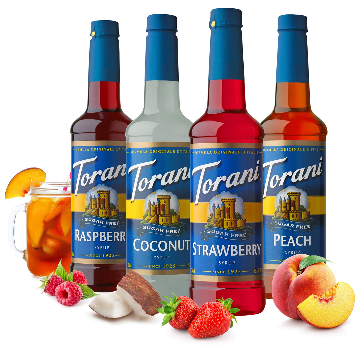 Torani Sugar Free Syrup Variety Pack Raspberry Coconut Strawberry Peach (25.4 fl oz, Set of 4)