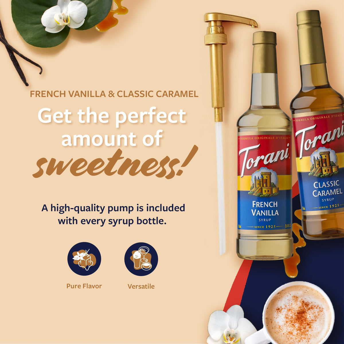Torani Syrups: Classic Caramel & French Vanilla 2-Pack with Pumps – 25.4 fl oz ea