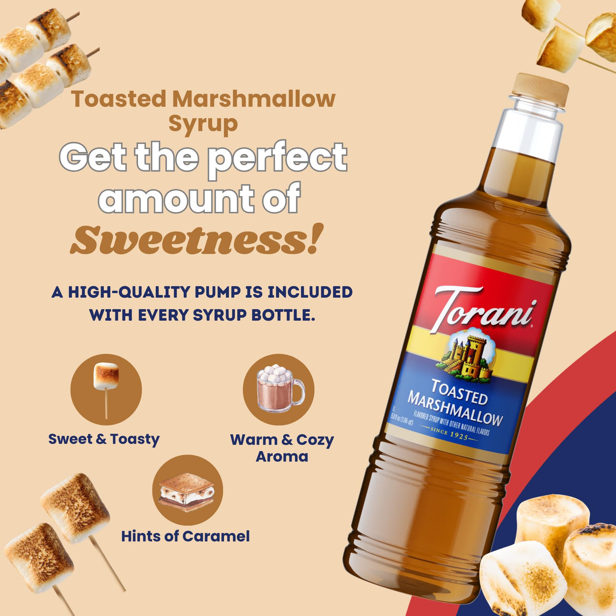 Torani Toasted Marshmallow Syrup | 1L Bottle with Pump – Rich Coffee Flavoring