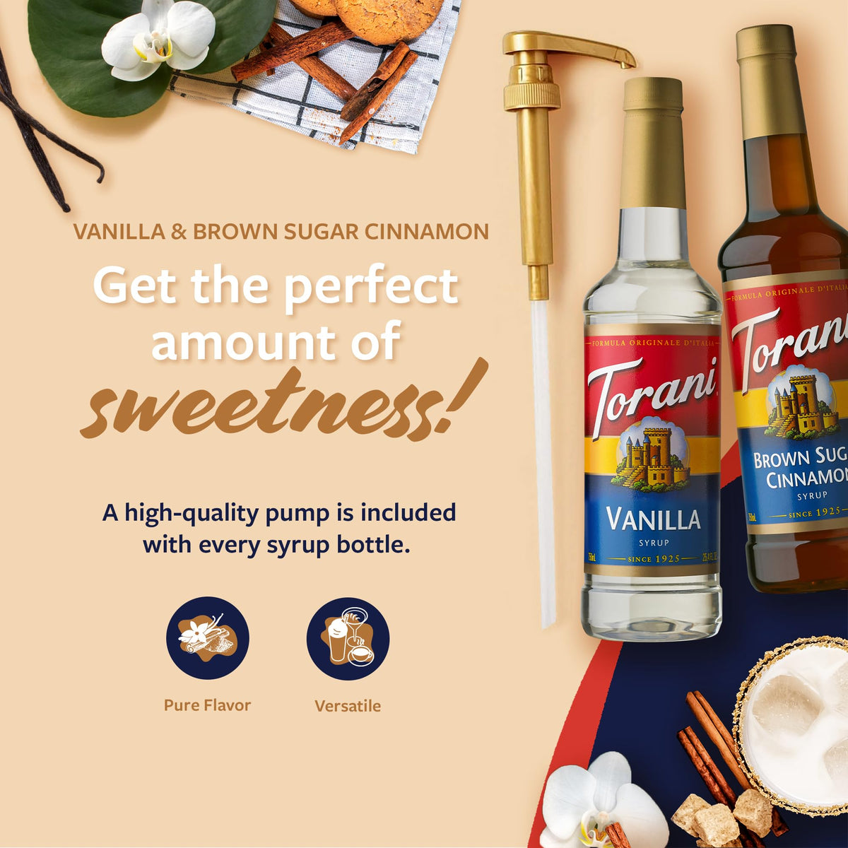 Torani Brown Sugar Cinnamon & Vanilla Syrups 2-Pack with Pumps – 25.4 Fl Oz Each