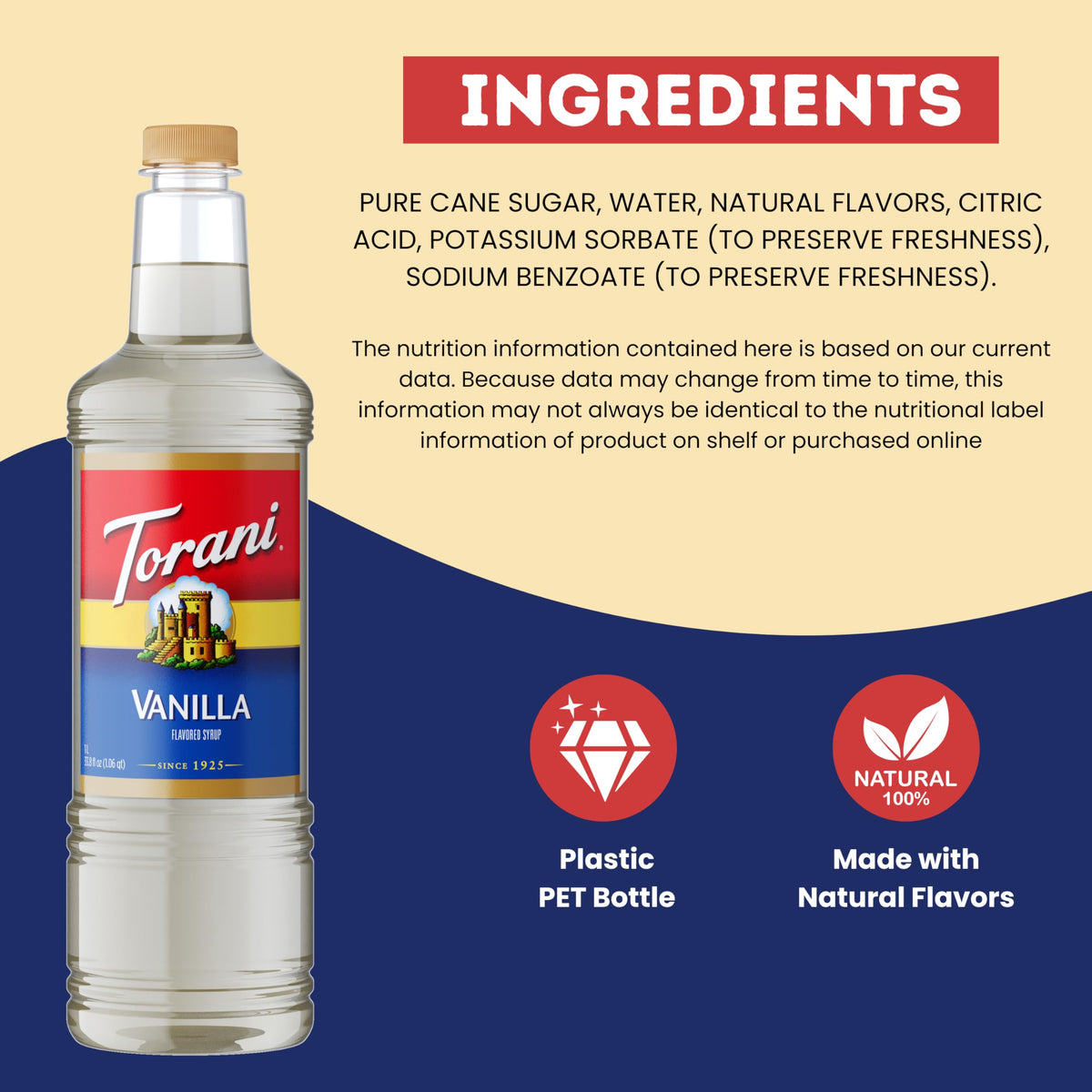 Torani Vanilla Syrup PET (1L) with Pump – Rich Vanilla Flavor for Coffee & More