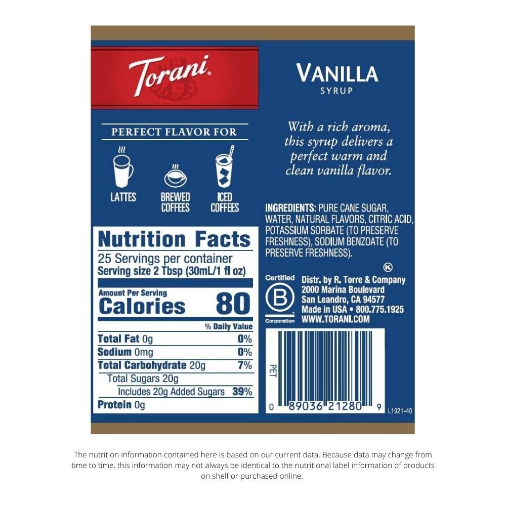 Torani Vanilla Syrup – 25.4 oz x4 Pack | Pure Cane Sugar, Natural Vanilla Flavor
