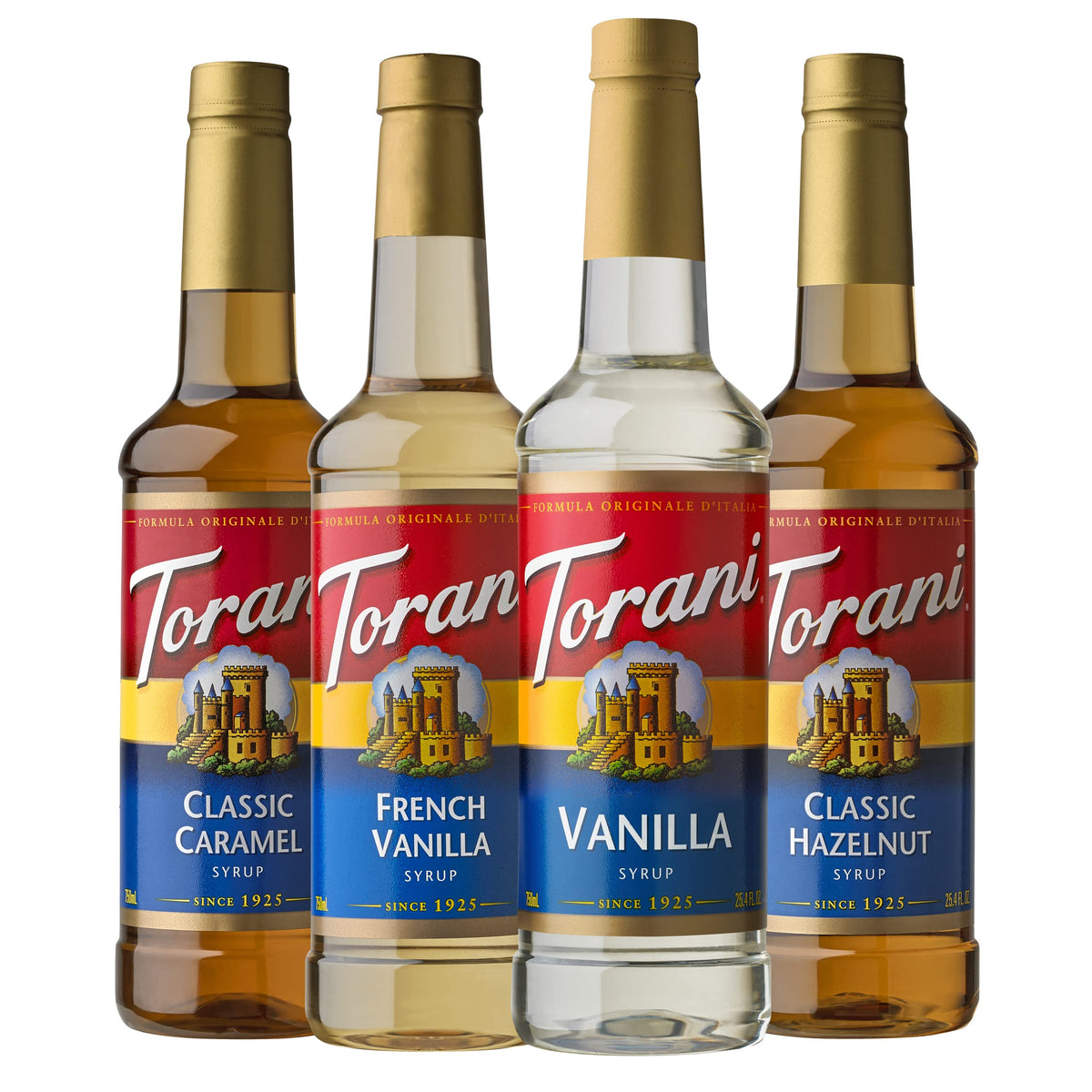 Torani Variety Pack Caramel, French Vanilla, Vanilla & Hazelnut — 25.4 oz (Pack of 4)
