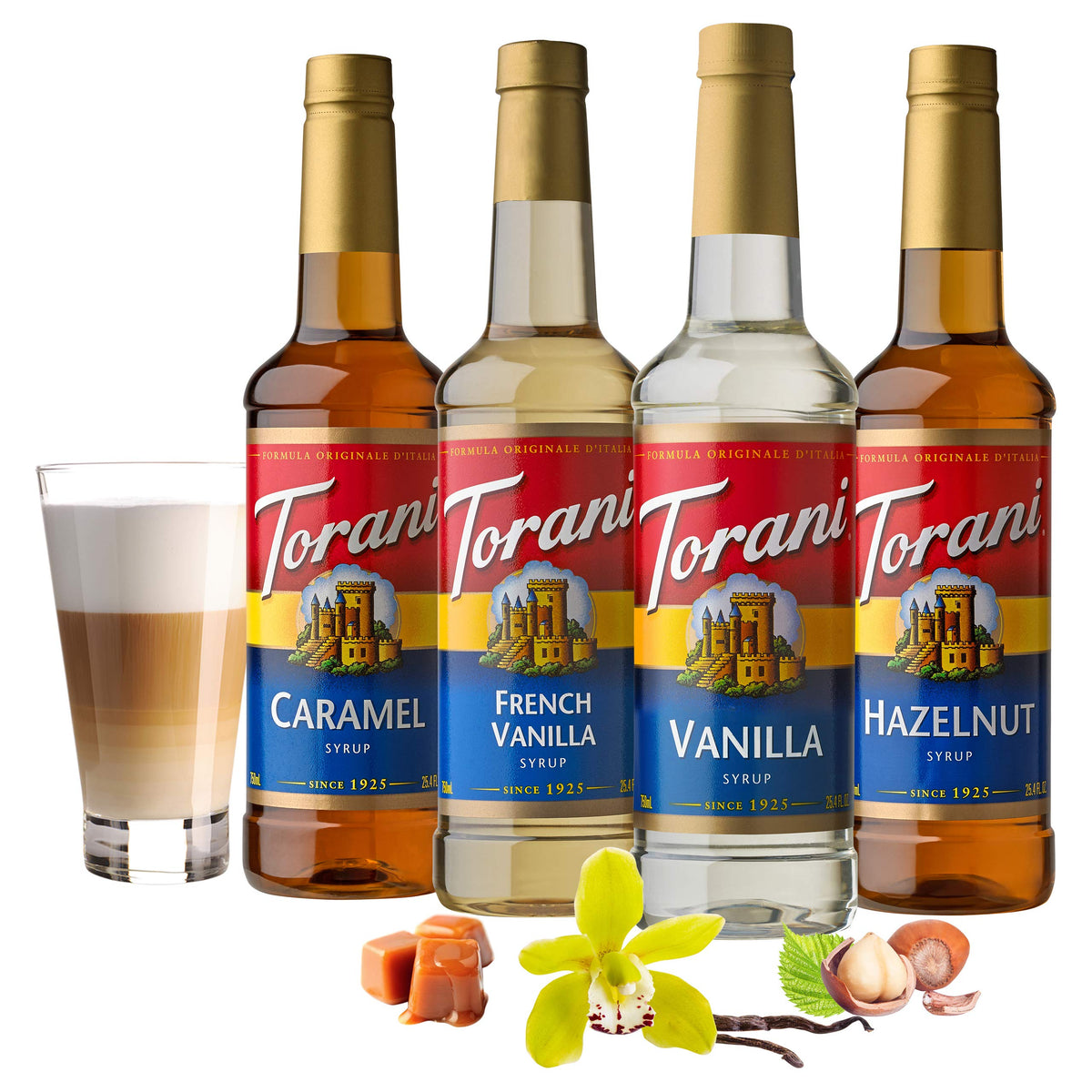 Torani Variety Pack Caramel, French Vanilla, Vanilla & Hazelnut — 25.4 oz (Pack of 4)