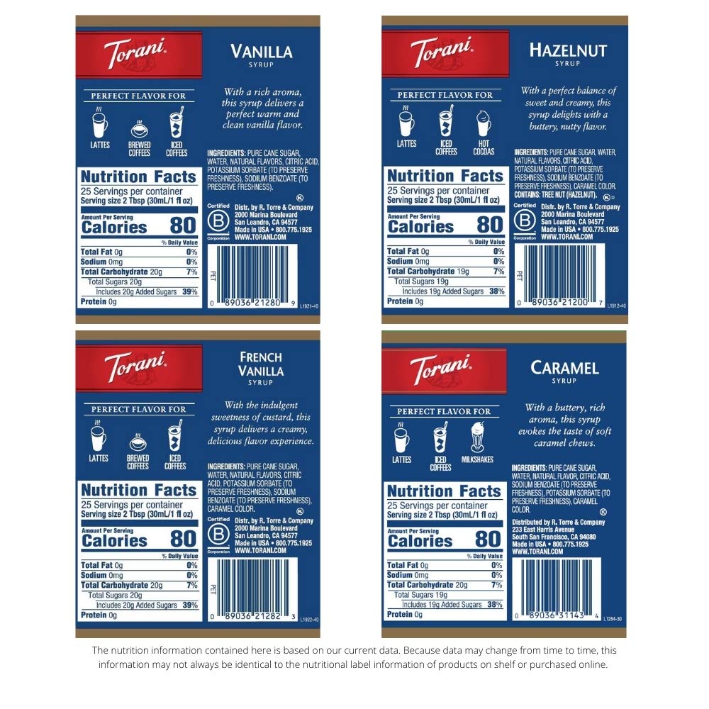 Torani Variety Pack Caramel, French Vanilla, Vanilla & Hazelnut — 25.4 oz (Pack of 4)
