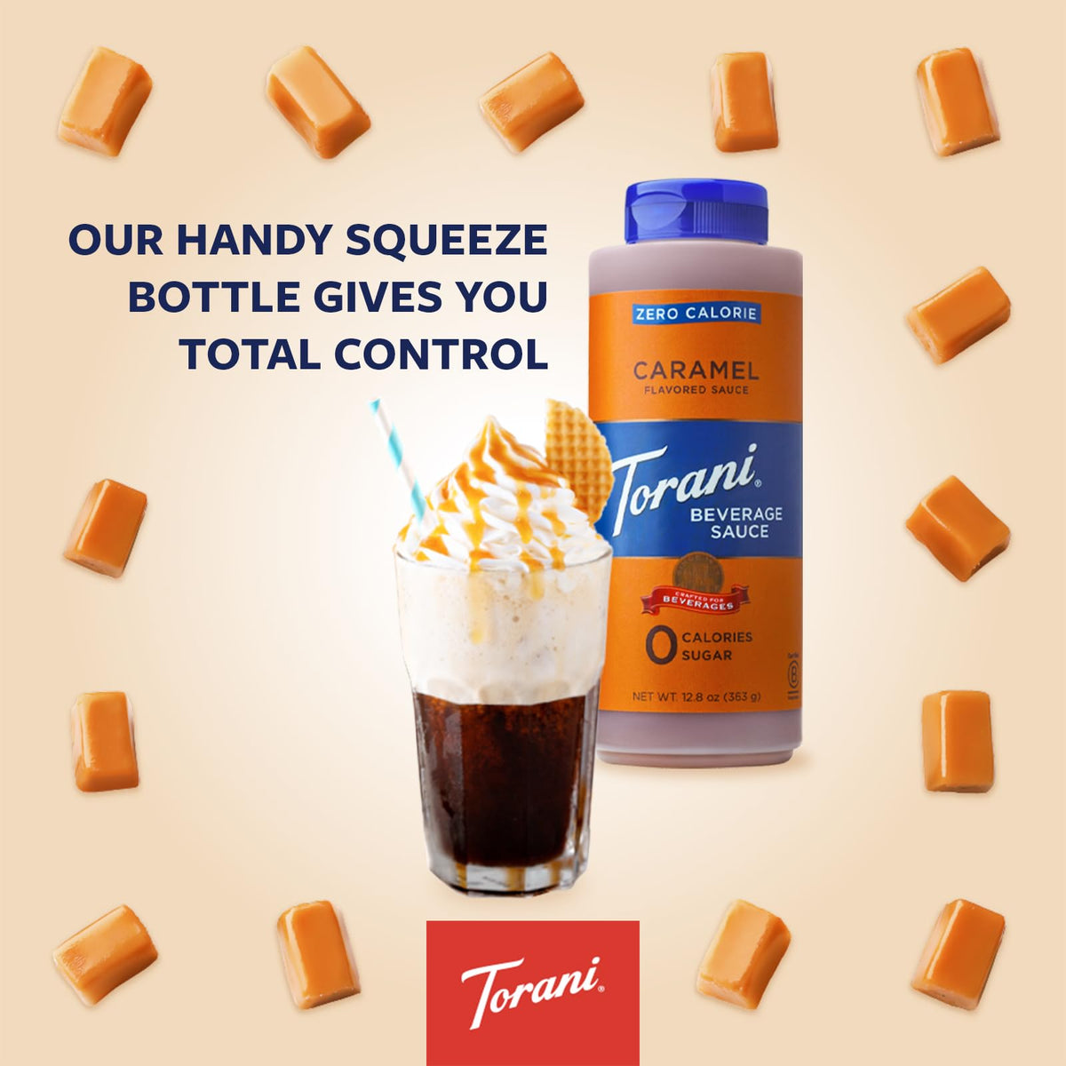 Torani Zero Calorie Caramel Dessert & Drink Sauce – 12.8 fl oz (Pack of 4) | Calorie-Free Flavor for Desserts & Drinks