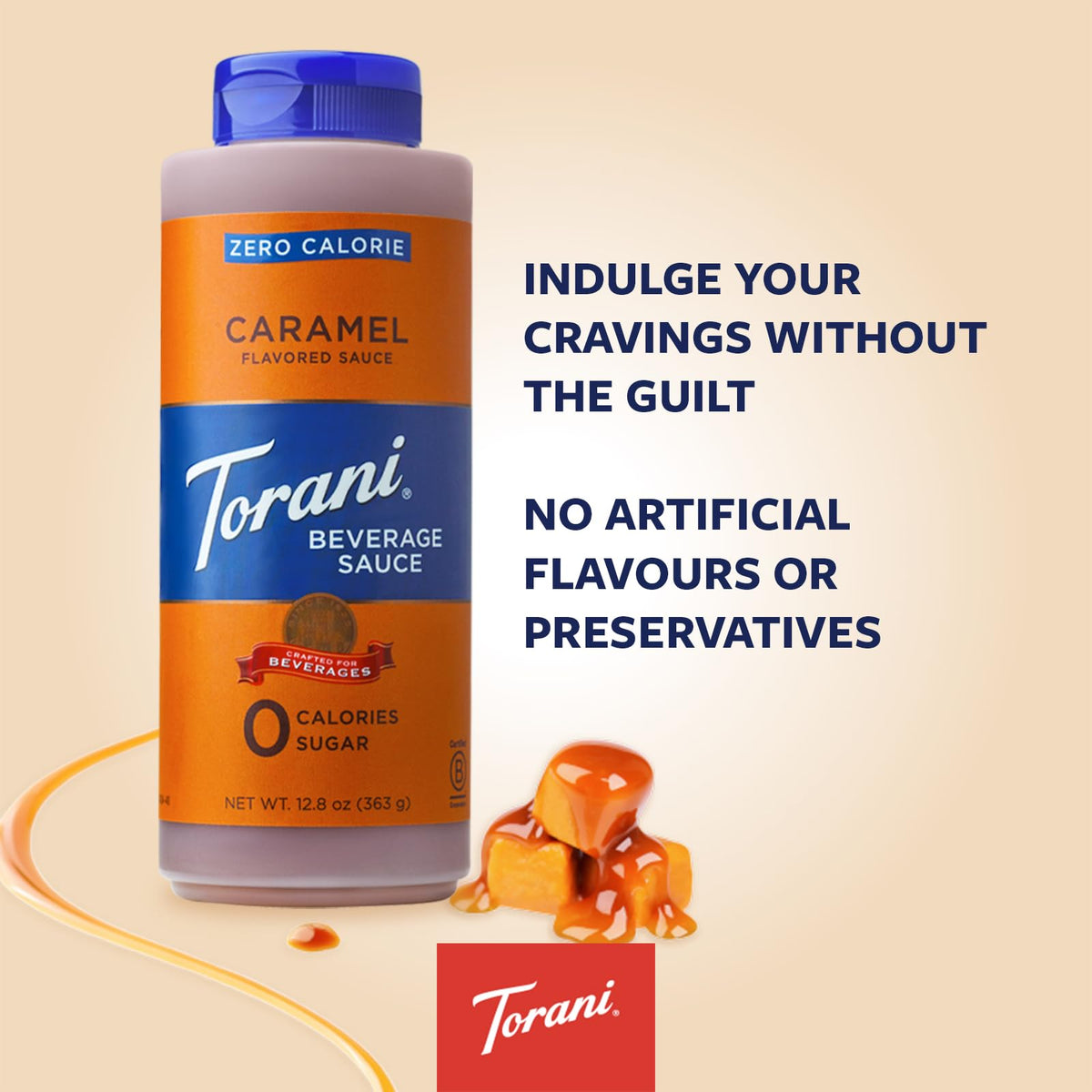 Torani Zero Calorie Caramel Dessert & Drink Sauce – 12.8 fl oz (Pack of 4) | Calorie-Free Flavor for Desserts & Drinks