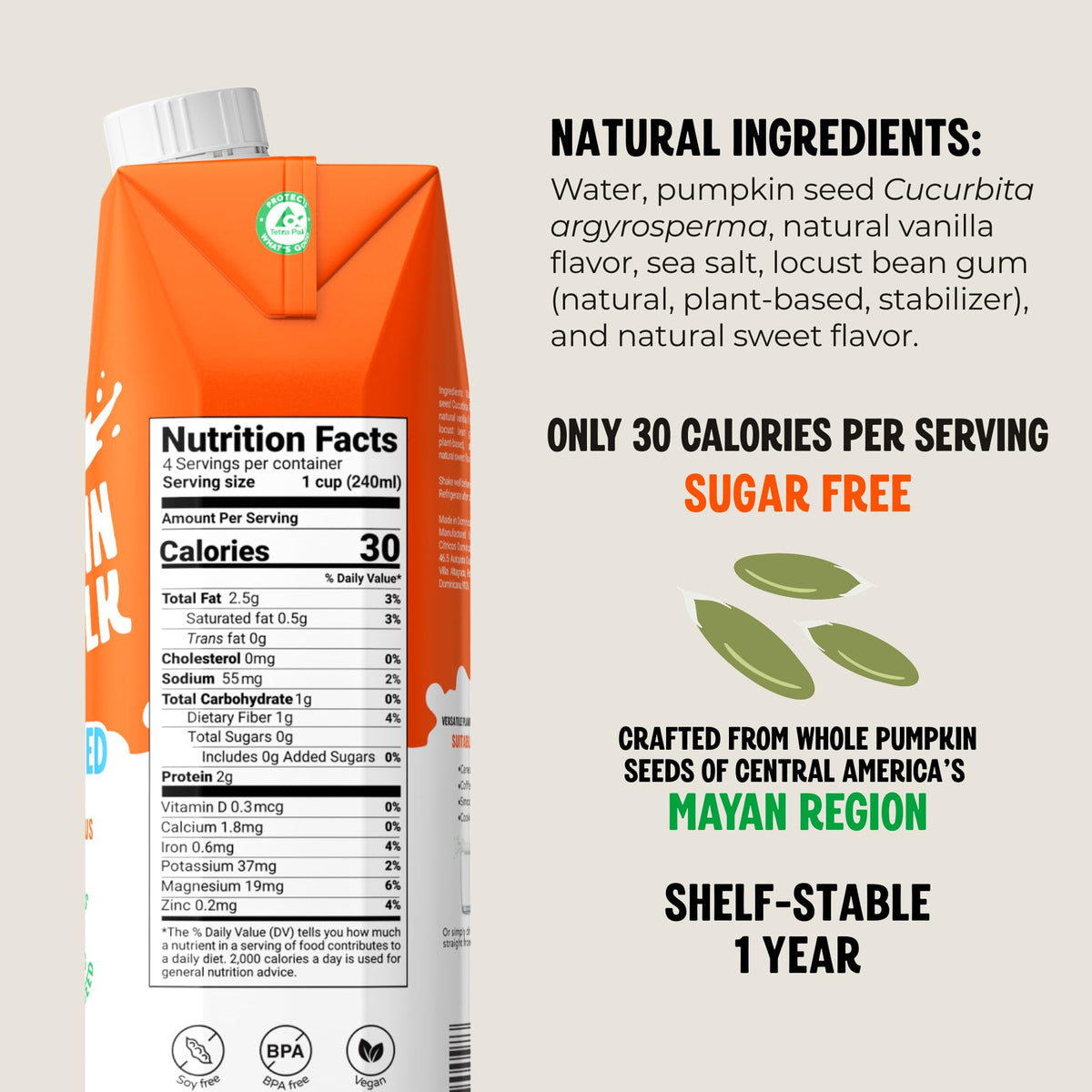 TORI Pumpkin Seed Milk Unsweetened – 30 Calories, 0g Sugar | Plant-Based, No Emulsifiers | 32 fl oz (6 Pack)