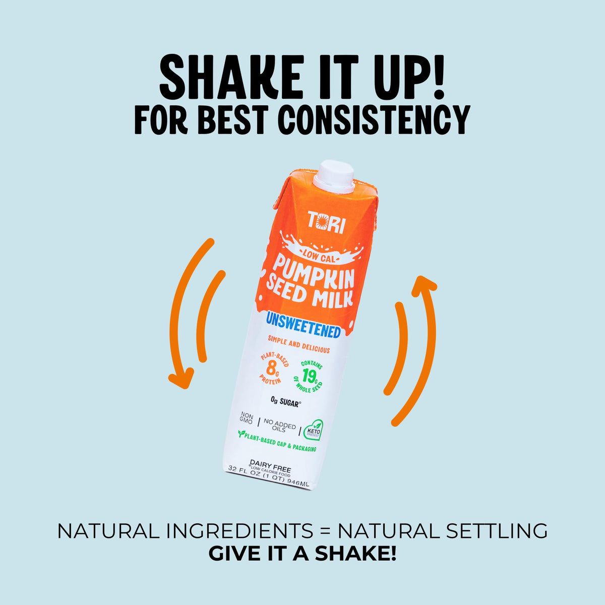 TORI Pumpkin Seed Milk Unsweetened – 30 Calories, 0g Sugar | Plant-Based, No Emulsifiers | 32 fl oz (6 Pack)