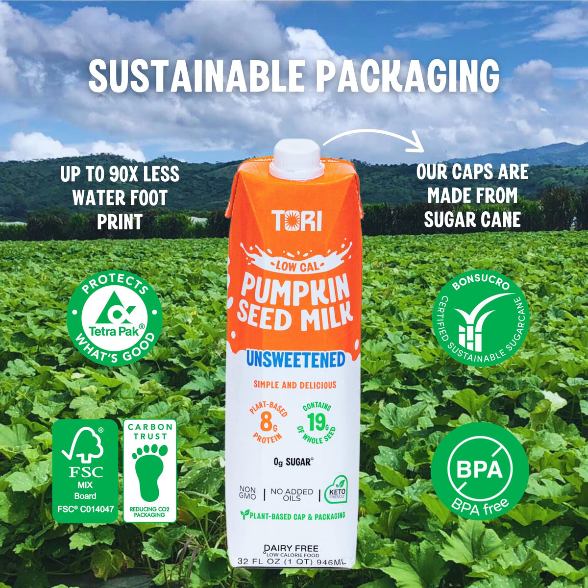 TORI Pumpkin Seed Milk Unsweetened – 30 Calories, 0g Sugar | Plant-Based, No Emulsifiers | 32 fl oz (6 Pack)
