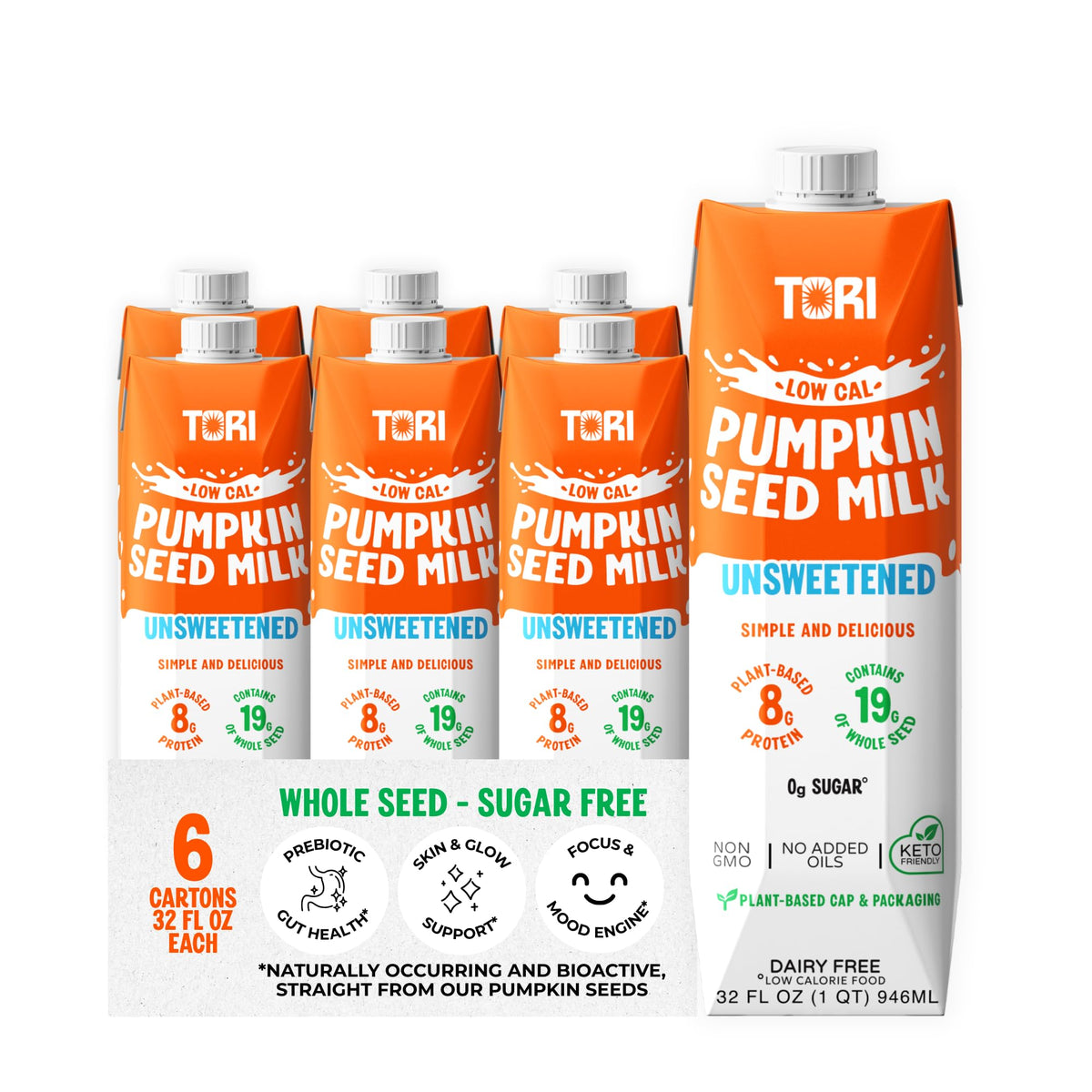 TORI Pumpkin Seed Milk Unsweetened – 30 Calories, 0g Sugar | Plant-Based, No Emulsifiers | 32 fl oz (6 Pack)