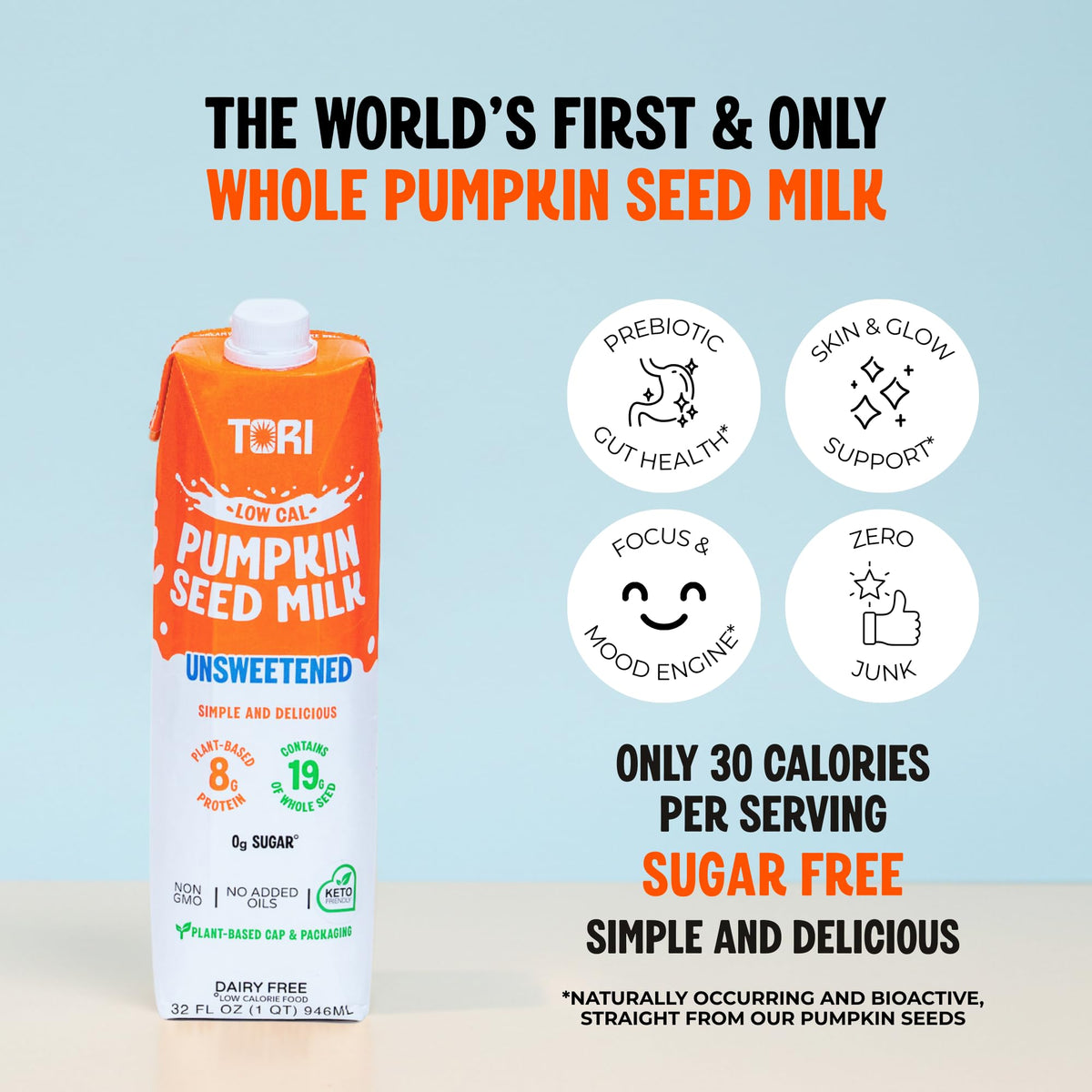 TORI Pumpkin Seed Milk Unsweetened – 30 Calories, 0g Sugar | Plant-Based, No Emulsifiers | 32 fl oz (6 Pack)