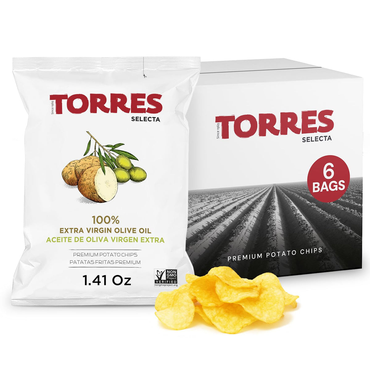 TORRES Selecta Extra Virgin Olive Oil Gourmet Potato Chips – Small Batch Kettle Chips Pack 6 x 1.41 oz