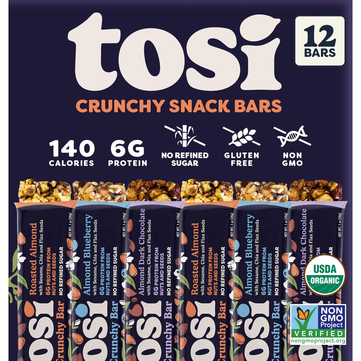 Tosi Almond Variety Pack Protein Bars – Plant-Based, Gluten-Free, Organic, 12-Pack
