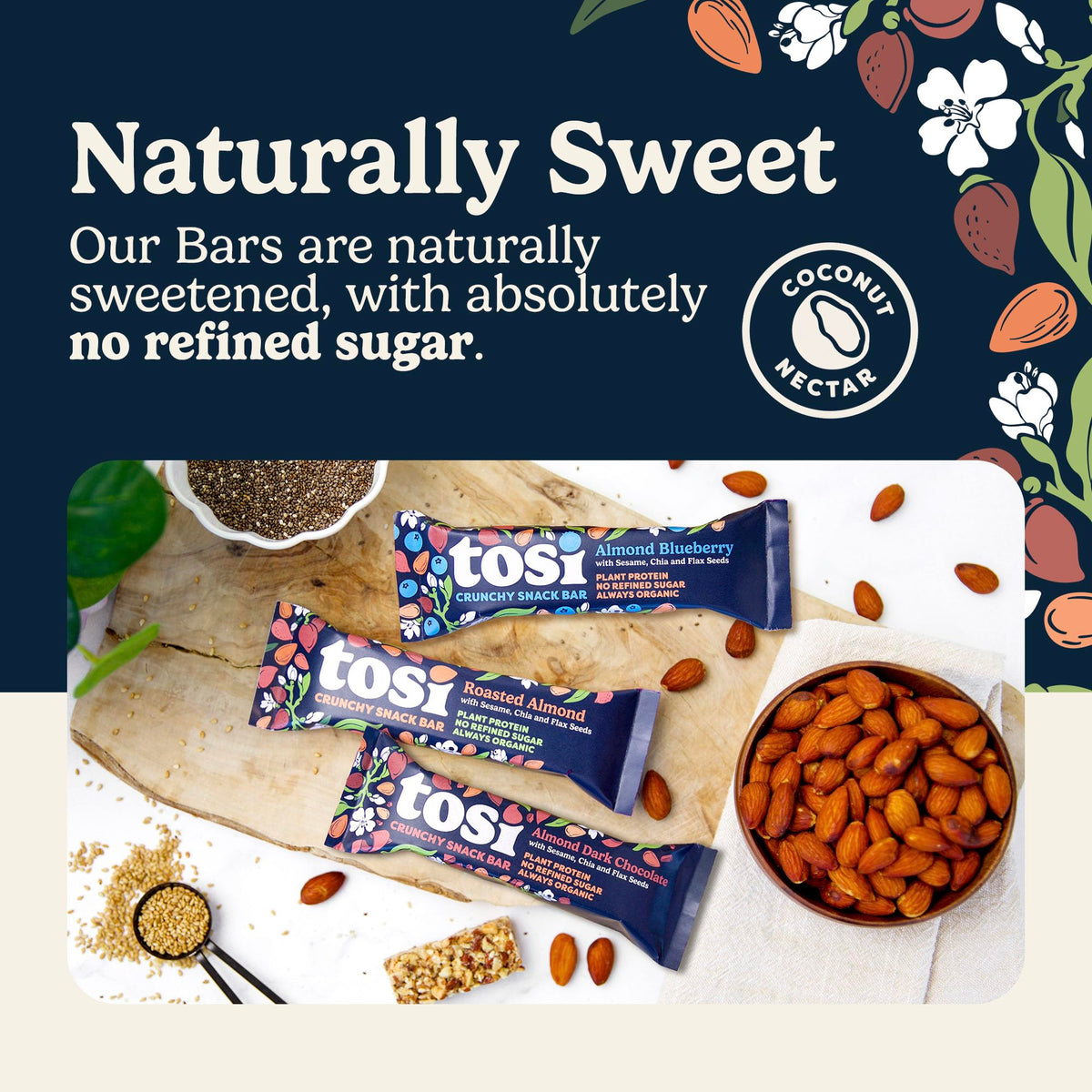 Tosi Almond Variety Pack Protein Bars – Plant-Based, Gluten-Free, Organic, 12-Pack