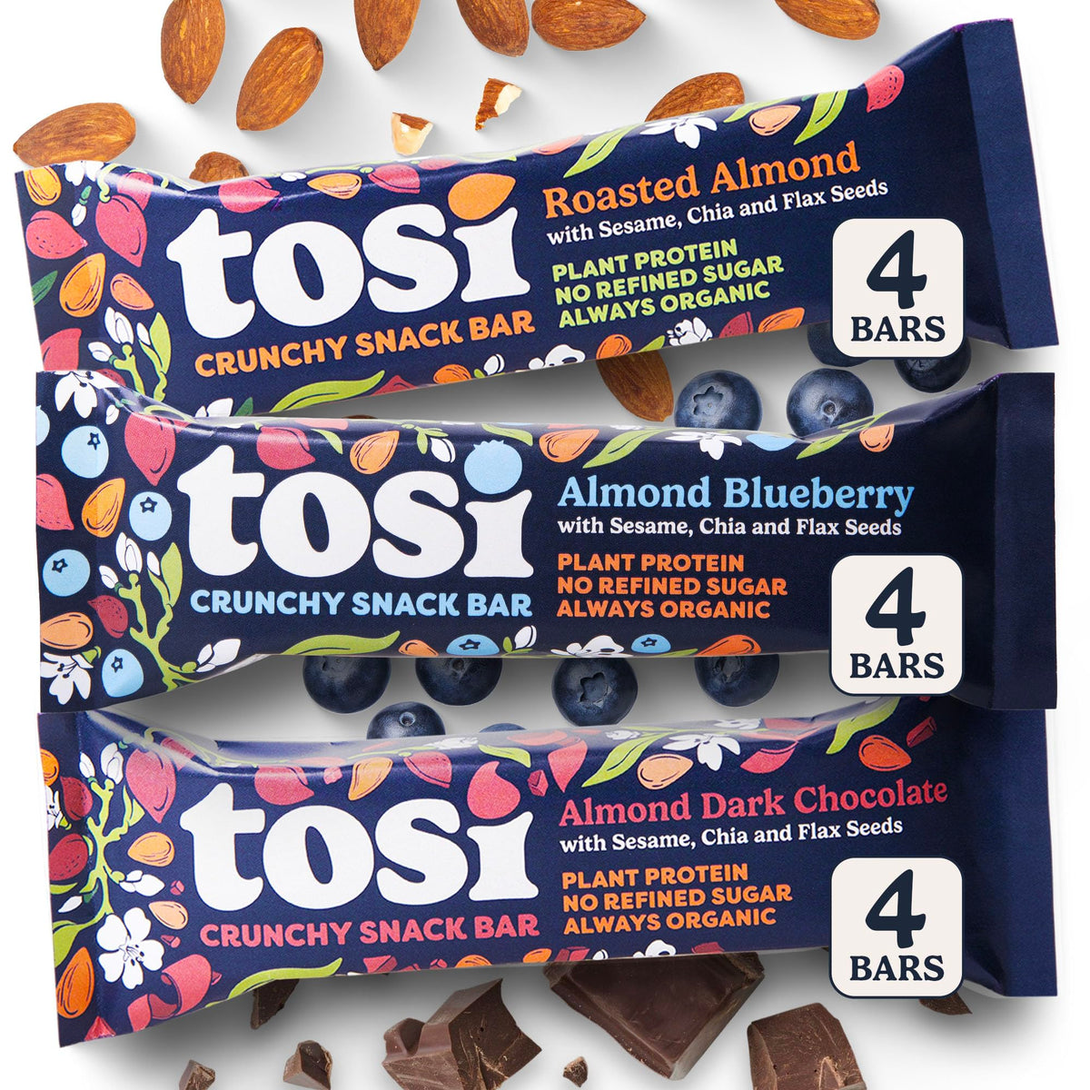 Tosi Almond Variety Pack Protein Bars – Plant-Based, Gluten-Free, Organic, 12-Pack