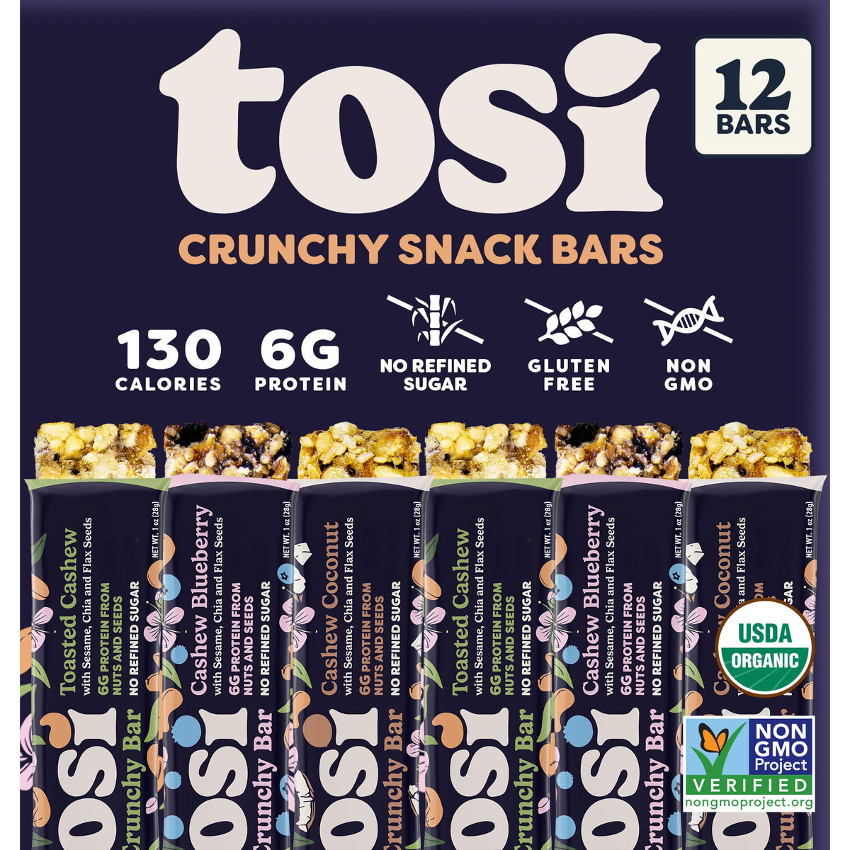 Tosi Cashew Variety Pack Protein Bars – Plant-Based, Gluten-Free, 5G Protein, 1 oz, 12-Pack