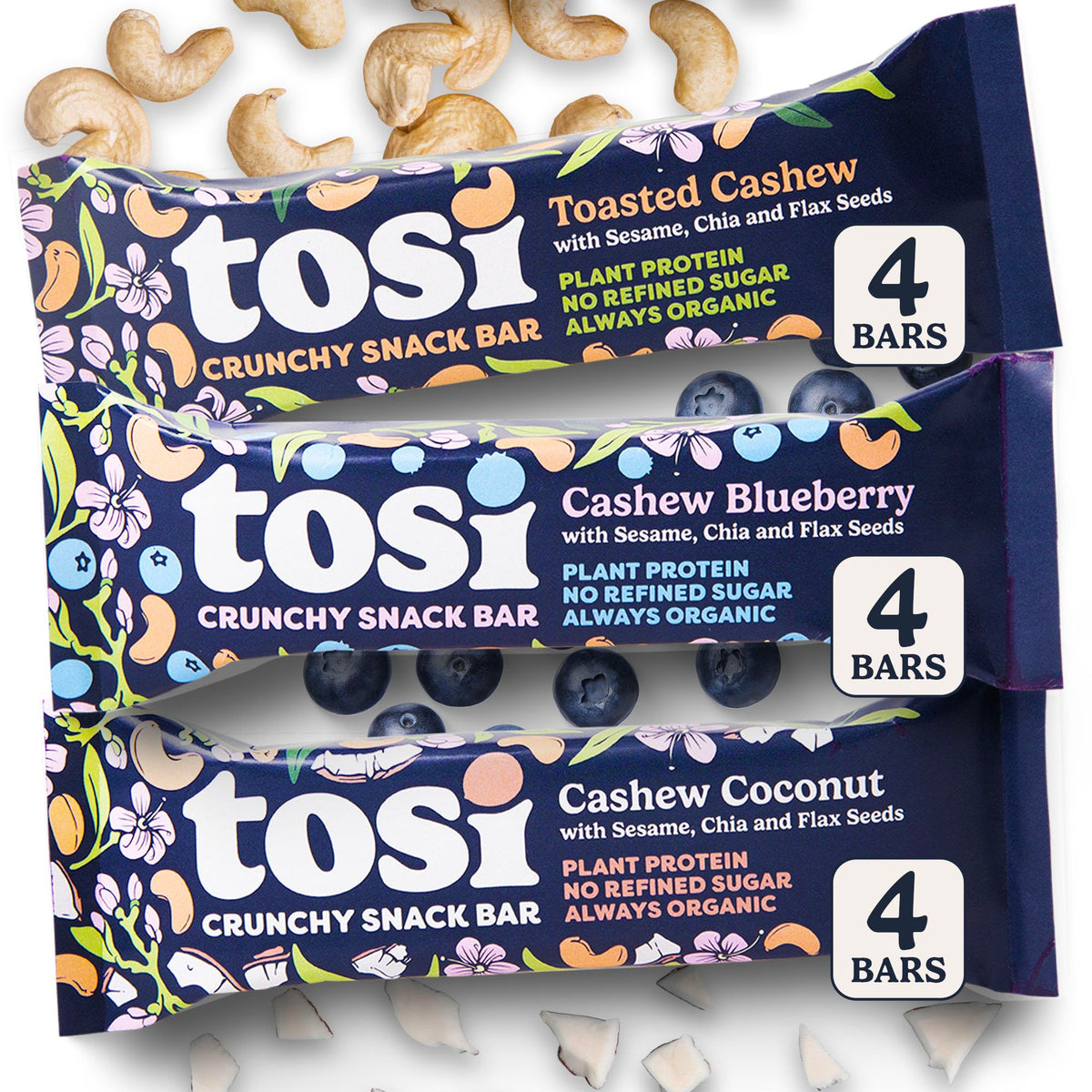 Tosi Cashew Variety Pack Protein Bars – Plant-Based, Gluten-Free, 5G Protein, 1 oz, 12-Pack