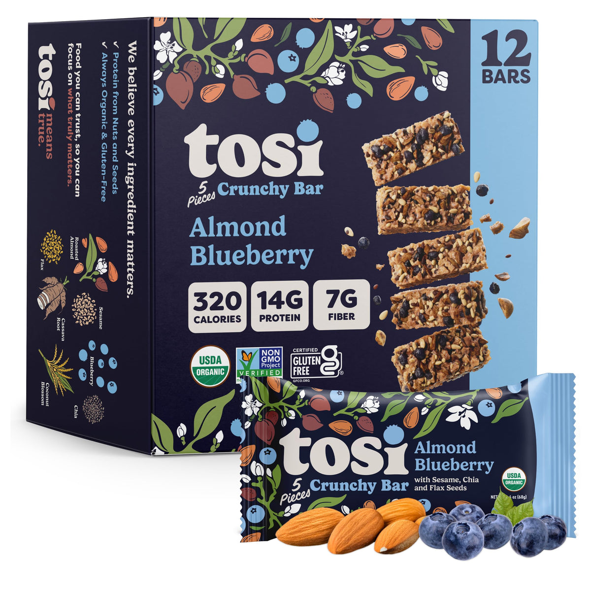 Tosi Meal Nut Bars – Almond Blueberry, Plant-Based Protein Bar, Vegan, Gluten & Soy Free, 2.4oz, 12-Pack