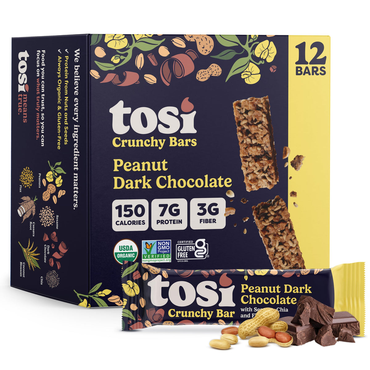 Tosi Nut Bars – Peanut Dark Chocolate, Plant-Based Organic Keto Snack, 1oz, 12-Pack