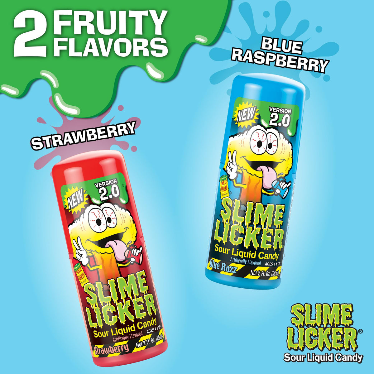 TOXIC WASTE Slime Licker 2.0 Sour Liquid Candy — 6 Pack, 2 oz Bottles, Strawberry & Blue Razz