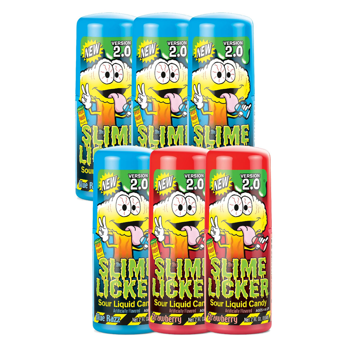 TOXIC WASTE Slime Licker 2.0 Sour Liquid Candy — 6 Pack, 2 oz Bottles, Strawberry & Blue Razz