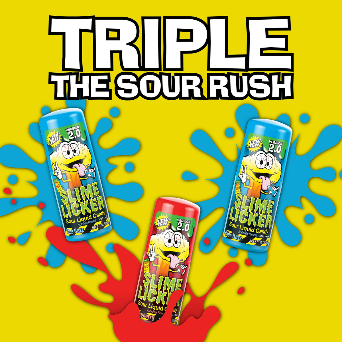 TOXIC WASTE Slime Licker 2.0 Sour Liquid Candy — 6 Pack, 2 oz Bottles, Strawberry & Blue Razz