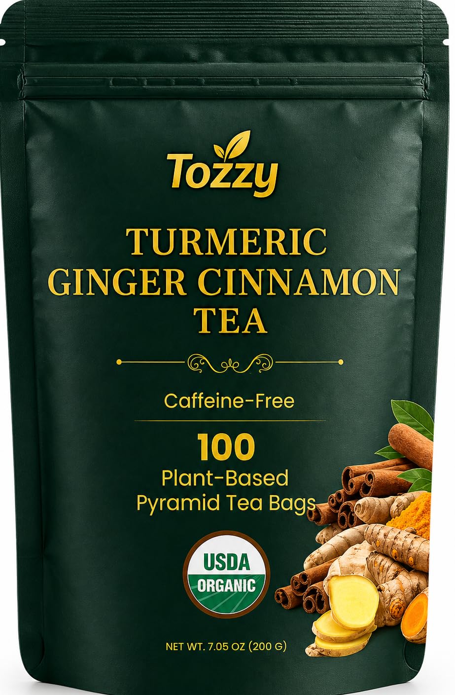 TOZZY Organic Turmeric Ginger Cinnamon Tea – 100 Pyramid Tea Bags (Plant-Based)