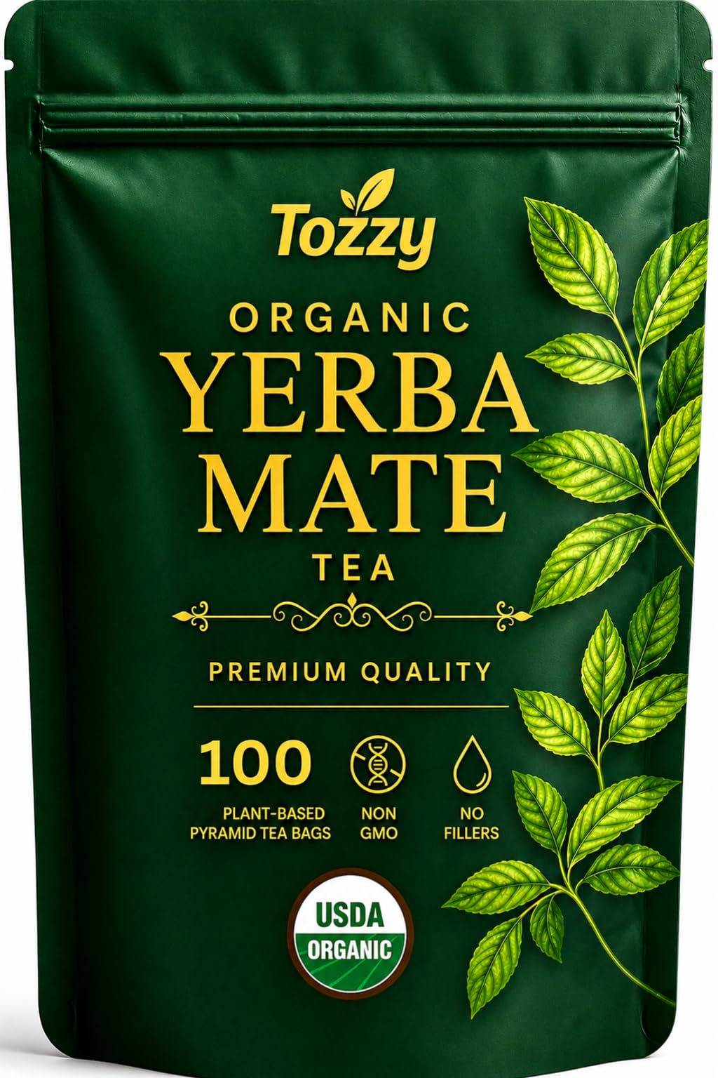 TOZZY Organic Unsmoked Yerba Mate Tea – 100 Count Pyramid Bags | Plant-Based & Packaging May Vary