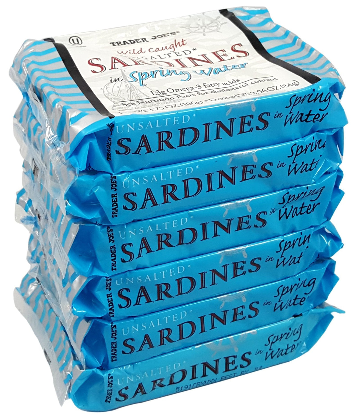 Trader Joe's Unsalted Sardines in Spring Water - 3.75 oz Tin (Pack of 6)