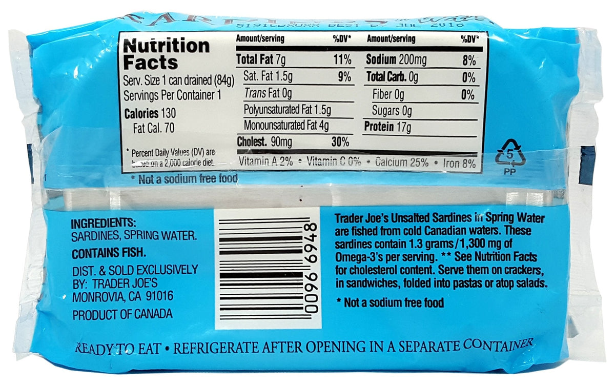 Trader Joe's Unsalted Sardines in Spring Water - 3.75 oz Tin (Pack of 6)