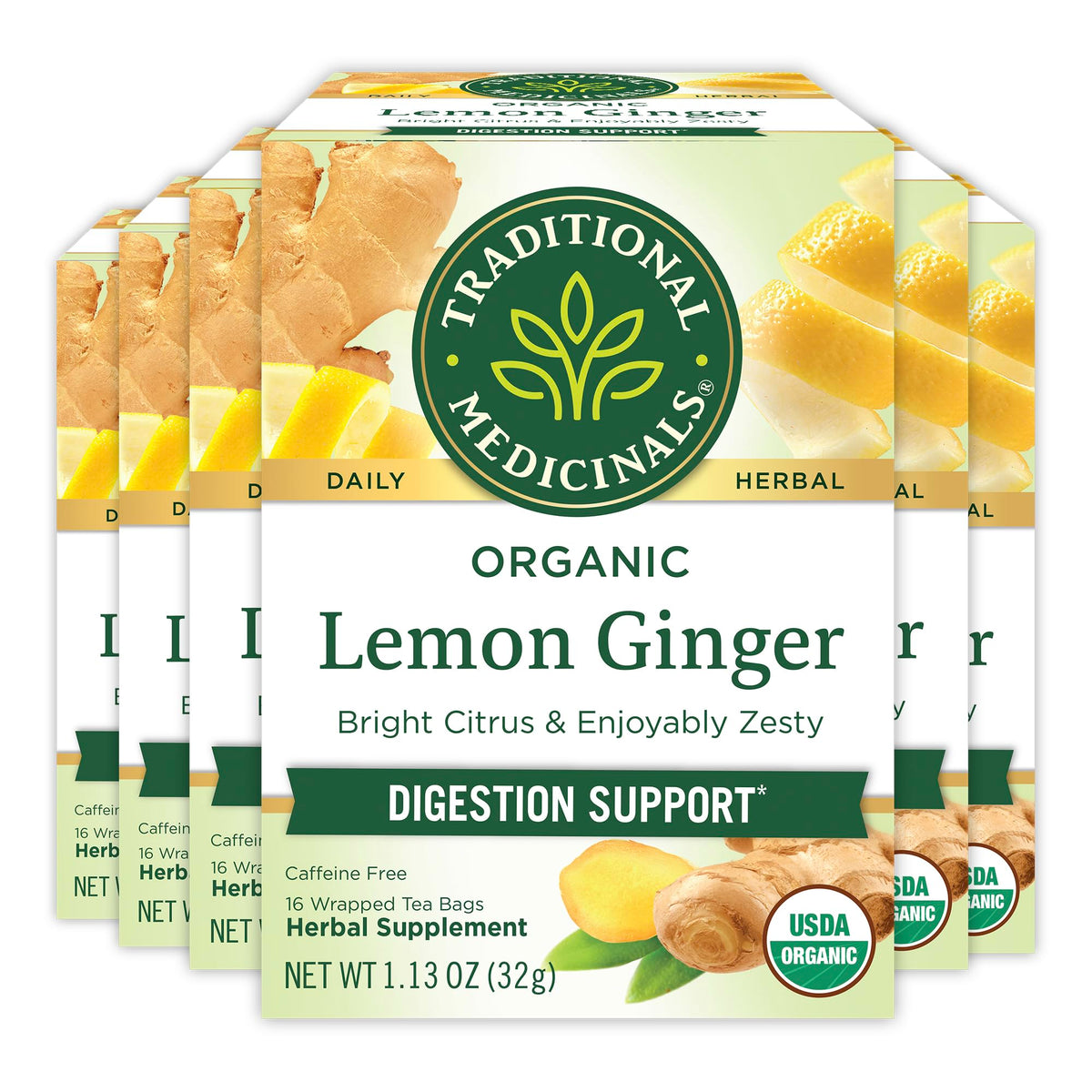 Traditional Medicinals Organic Lemon Ginger Herbal Tea – Digestive Comfort, Caffeine-Free, Kosher & Non-GMO, Compostable Tea Bags (96 Count, Pack of 6)