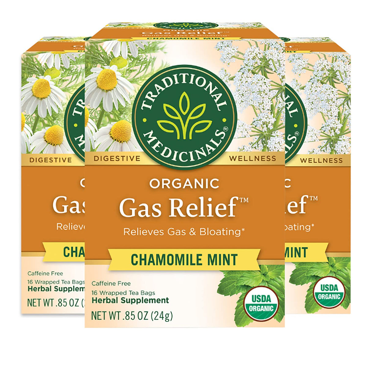 Traditional Medicinals Organic Gas Relief Chamomile Mint Tea – Pack of 3 (48 Tea Bags)