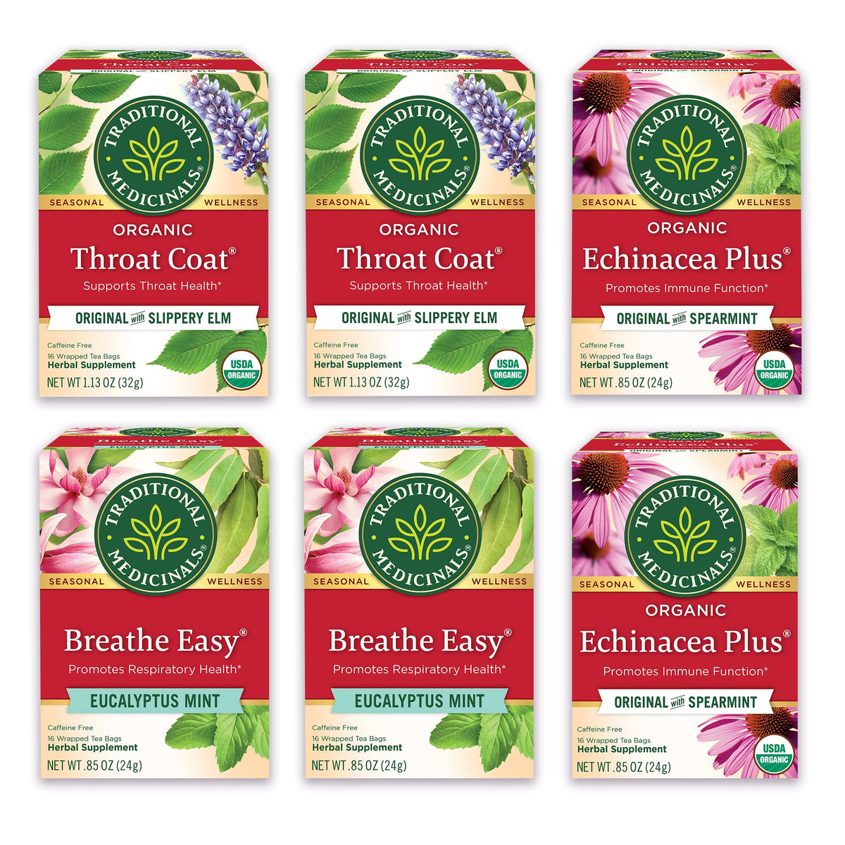Traditional Medicinals Tea Organic Seasonal Care Variety Pack – Throat Coat, Echinacea Plus & Breathe Easy with Eucalyptus (96 Tea Bags, 6 Pack)