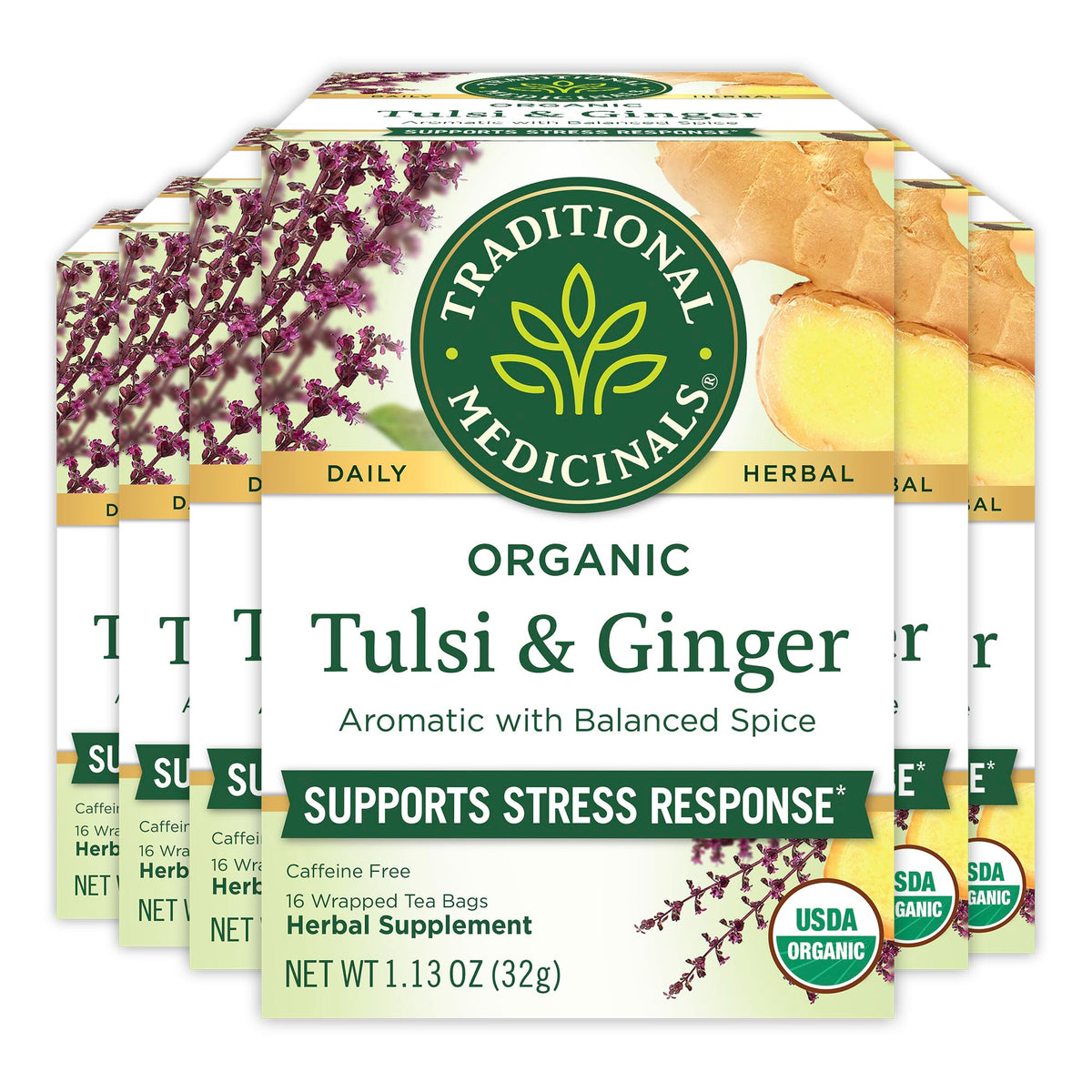 Traditional Medicinals Organic Tulsi & Ginger Tea – Stress Support, 96 Bags (6 Pack)
