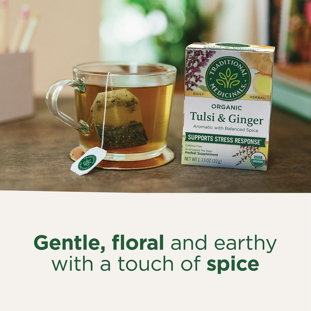 Traditional Medicinals Organic Tulsi & Ginger Tea – Stress Support, 96 Bags (6 Pack)