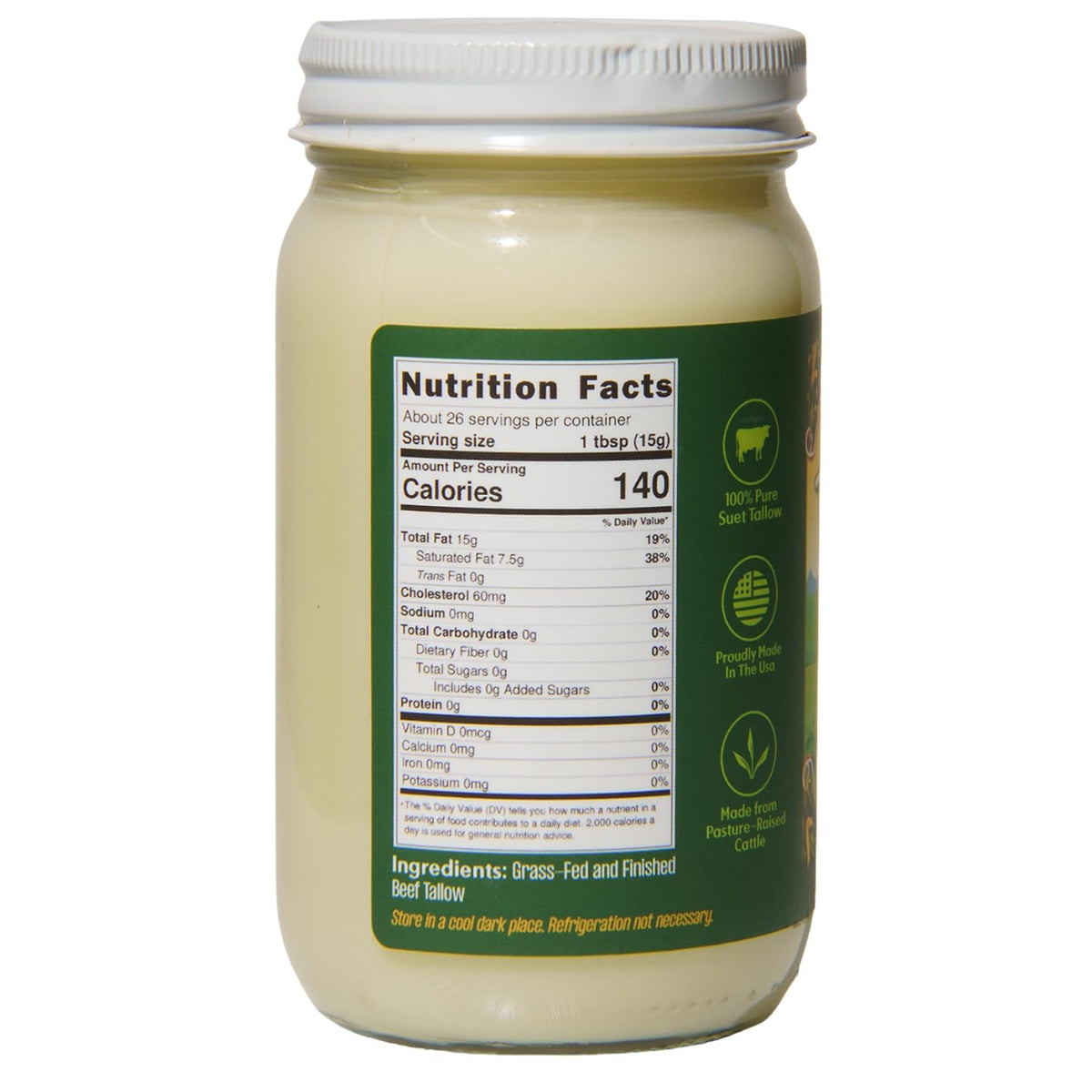 Traditional Nutrients Pasture Raised Beef Tallow – Grass-Fed & Grass-Finished, 14oz Jar