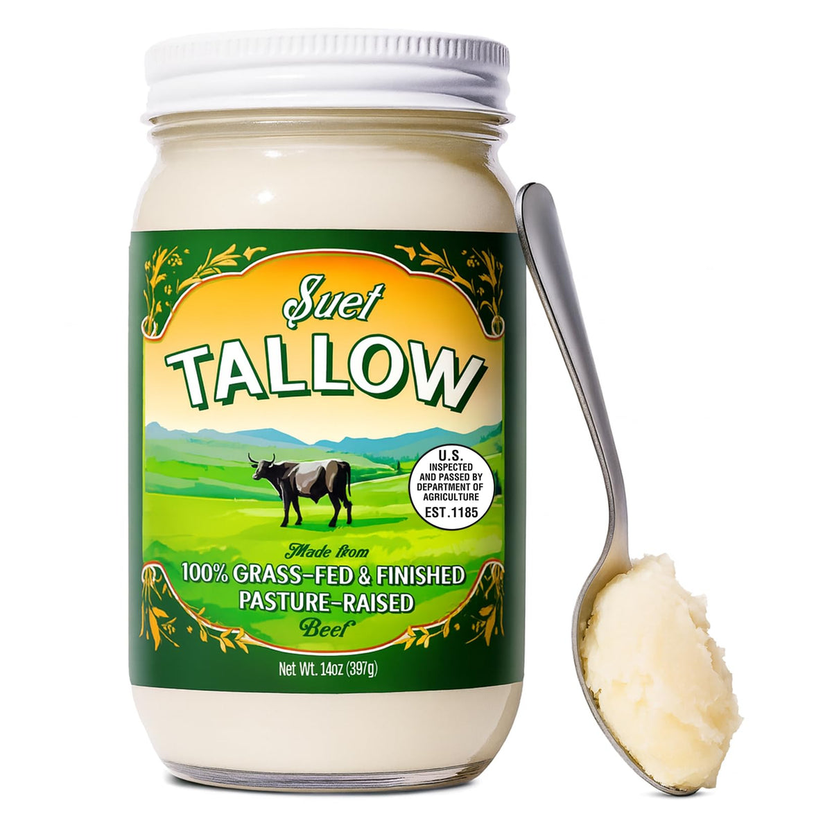 Traditional Nutrients Pasture Raised Beef Tallow – Grass-Fed & Grass-Finished, 14oz Jar