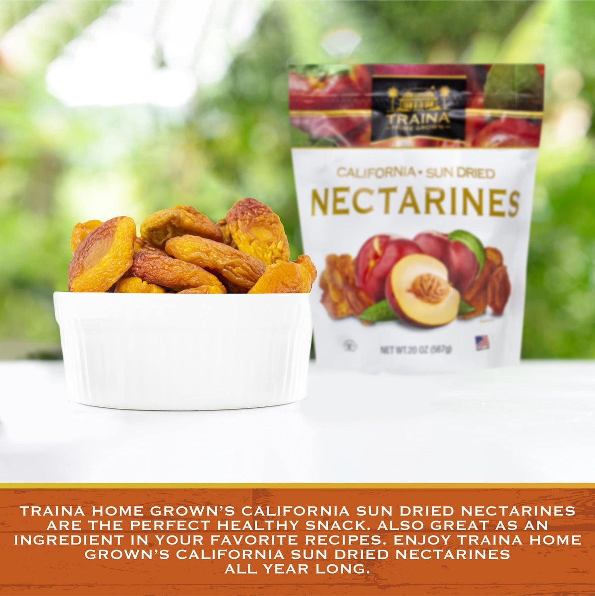 Traina Home Grown California Sun Dried Nectarines — No Sugar Added, Non-GMO, 20 oz Resealable Pouch