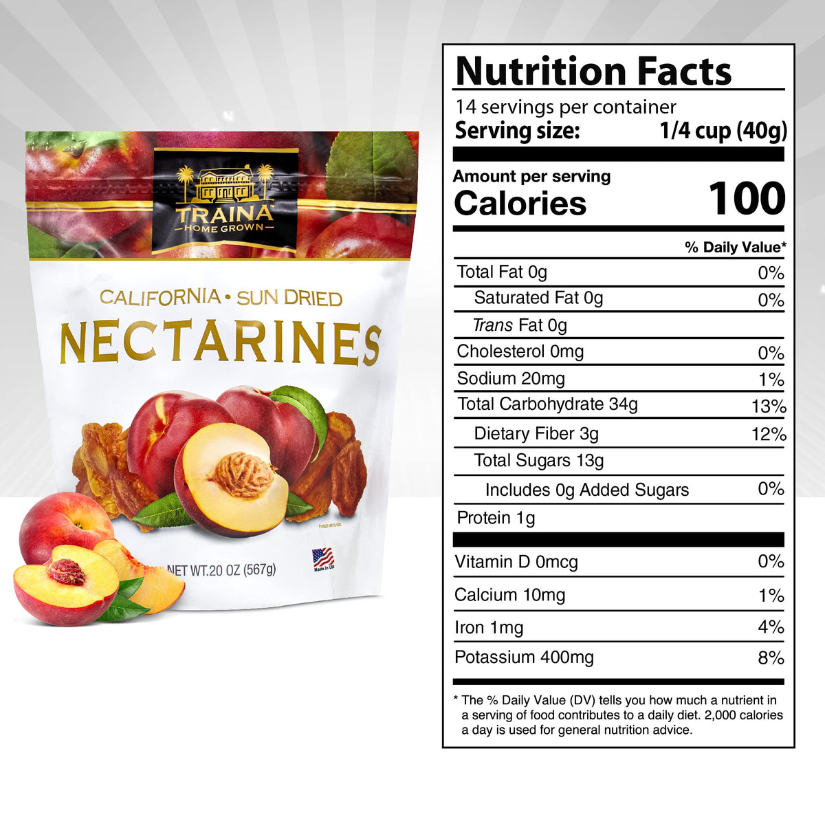 Traina Home Grown California Sun Dried Nectarines — No Sugar Added, Non-GMO, 20 oz Resealable Pouch