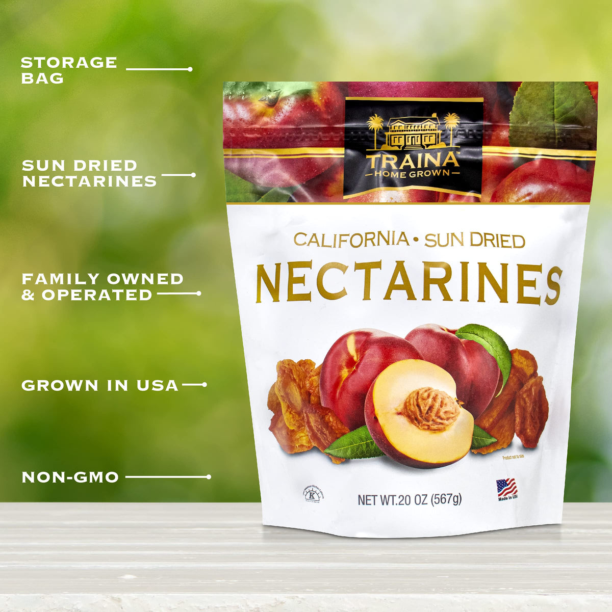Traina Home Grown California Sun Dried Nectarines — No Sugar Added, Non-GMO, 20 oz Resealable Pouch
