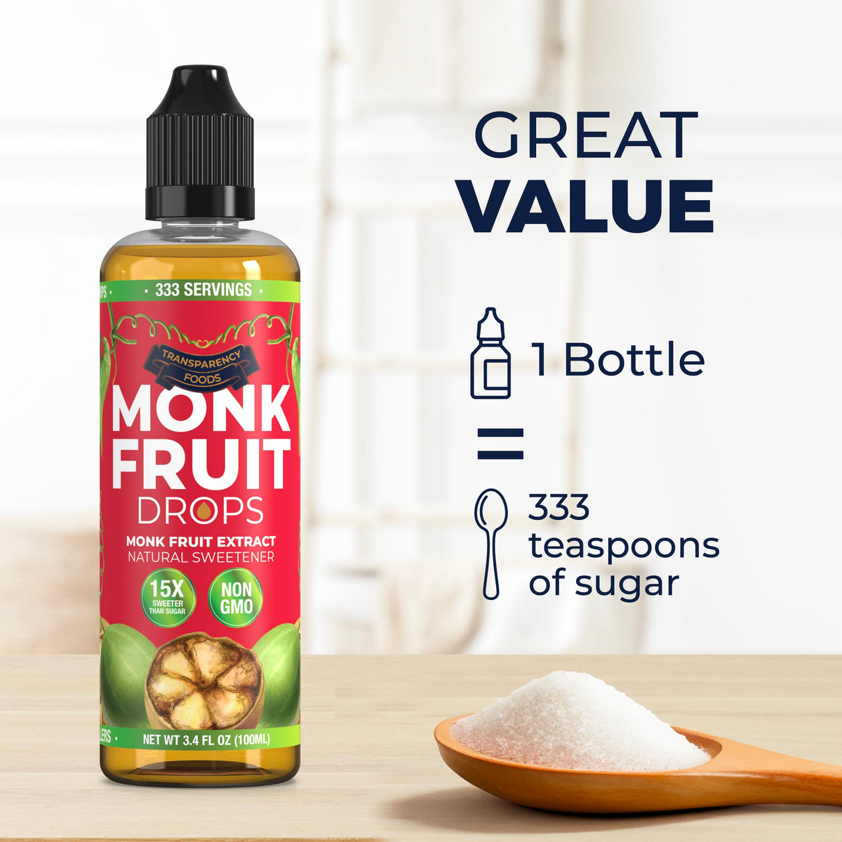 Transparency Foods Monk Fruit Extract Drops – Zero-Calorie Liquid Sweetener, 333 Servings, Non-GMO