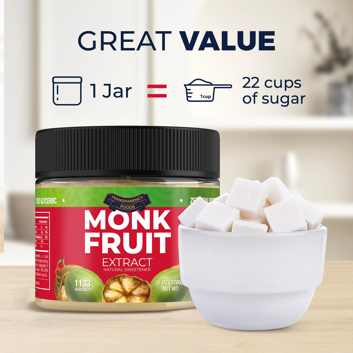 Transparency Foods Monk Fruit Sweetener – 25x Sugar, Zero Calories, Zero Glycemic, 1133 Servings