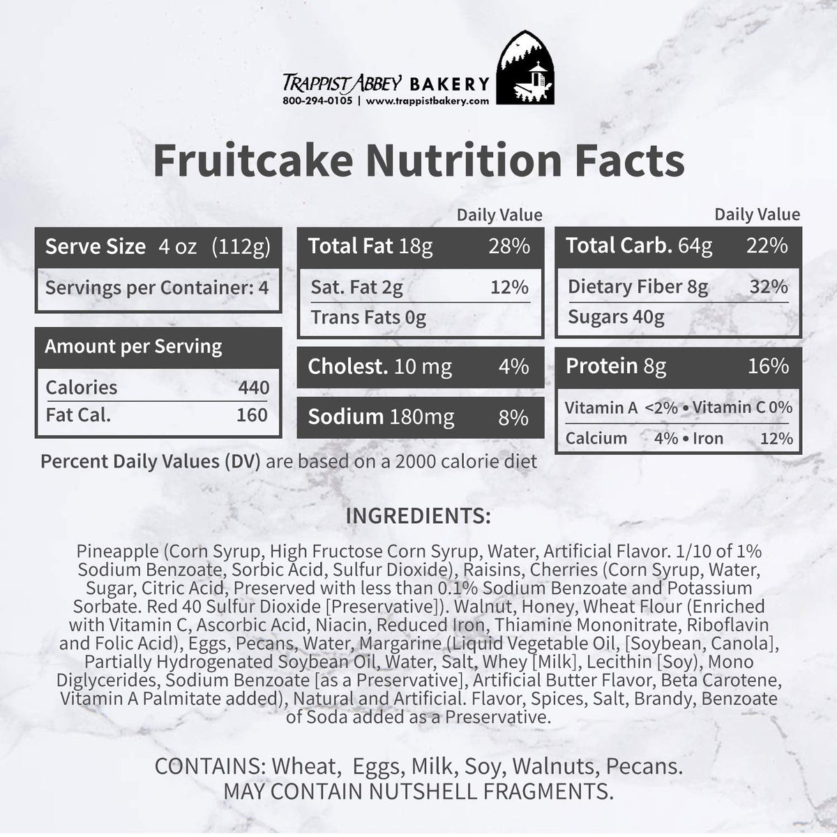 Trappist Abbey Monastery Fruitcake with Candied Fruits & Nuts — Brandy-Soaked (1 lb)