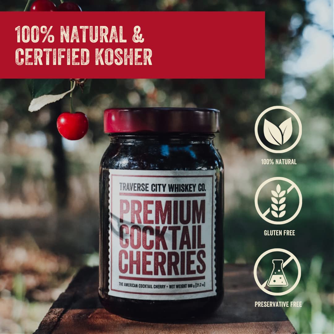 Traverse City Whiskey Co. Premium Cocktail Cherries – 21.2oz / 600g | All-American, Natural, Kosher Garnish for Old Fashioned & Desserts