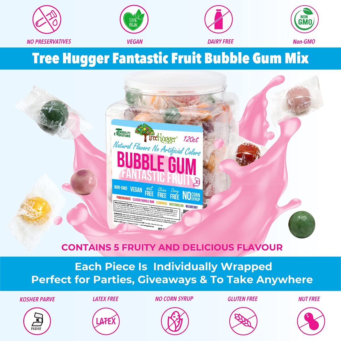 Tree Hugger Bubble Gum - Fantastic Fruit, Natural Flavors, No Artificial Colors, 120 Count Tub